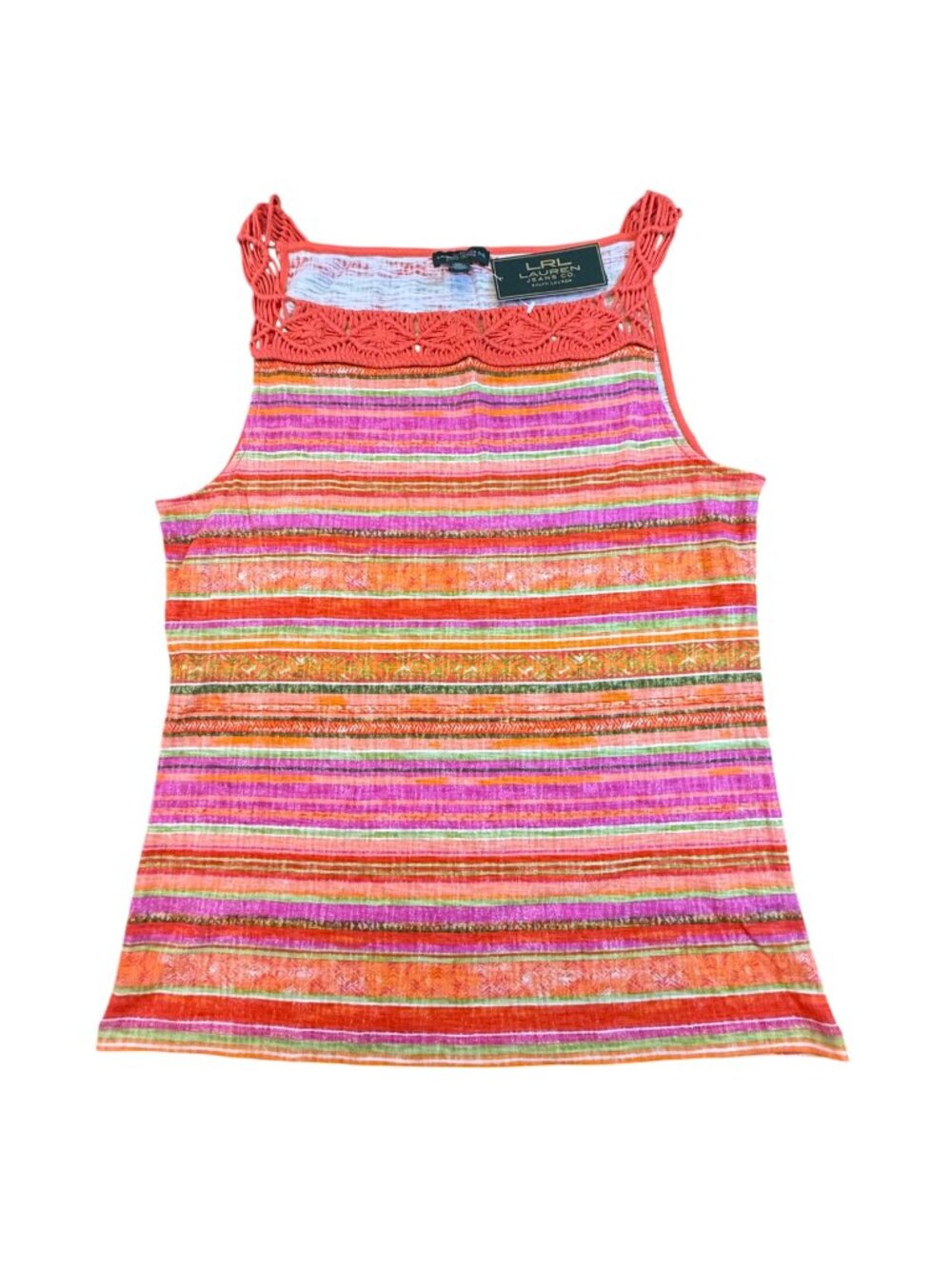 NWT Lauren Jeans Co. Ralph Lauren Striped Crochet Trim Tank Top XL 100% Cotton